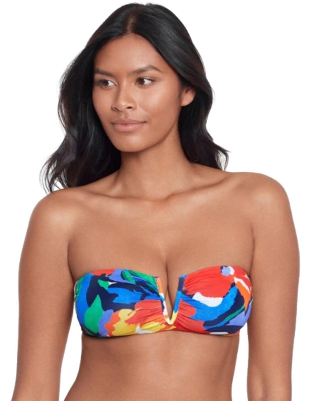 LAUREN RALPH LAUREN Floral V Wire Bandeau Bikini Top SZ 14 Red Blue Abstract NWT